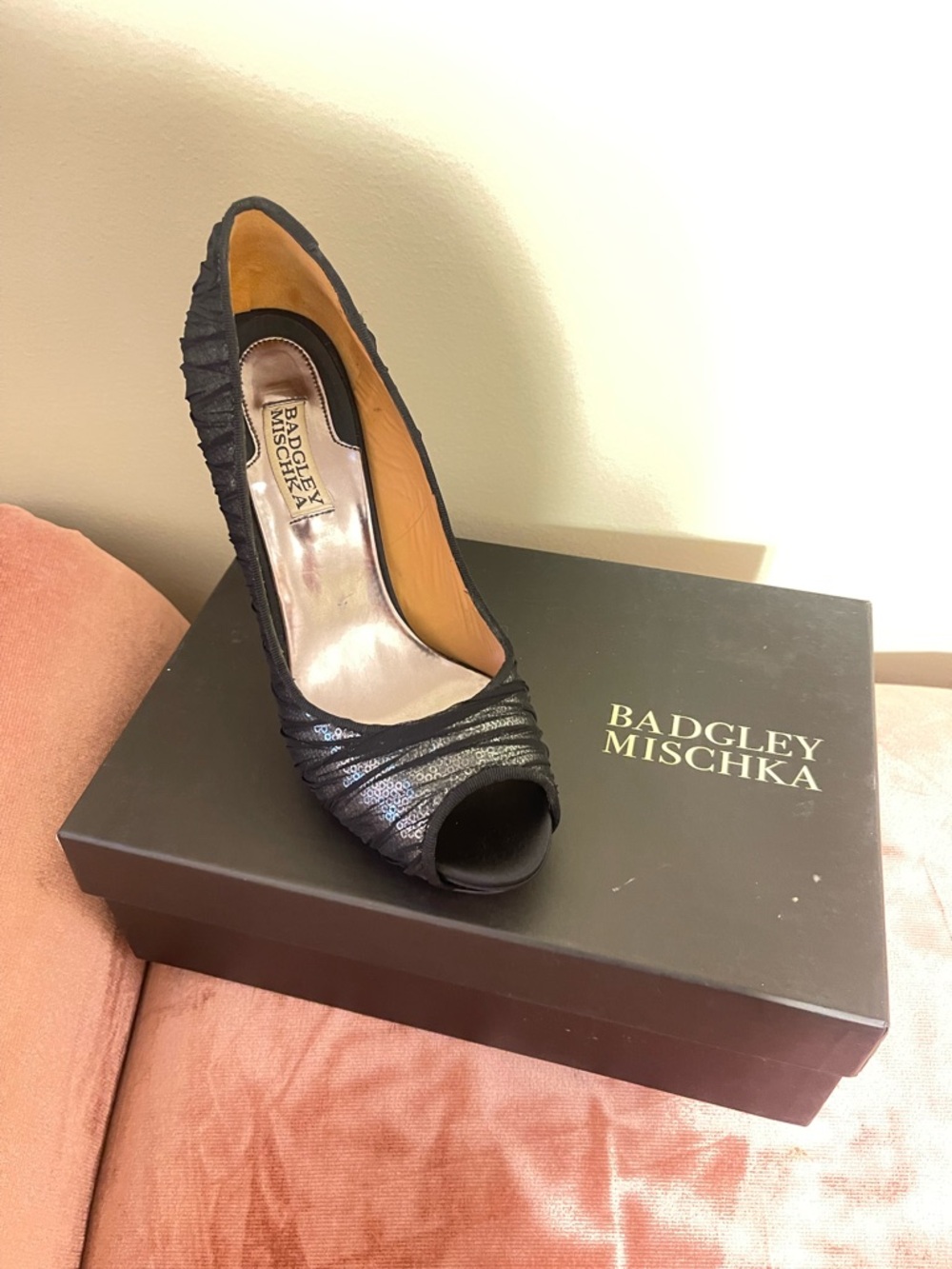 Badgley Mischka Black Ruched Peep-Toe Evening Pump